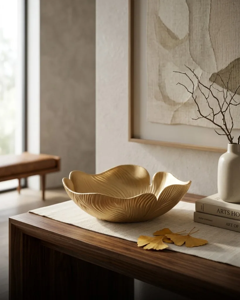 Gold ginkgo leaf bowl on a walnut console table